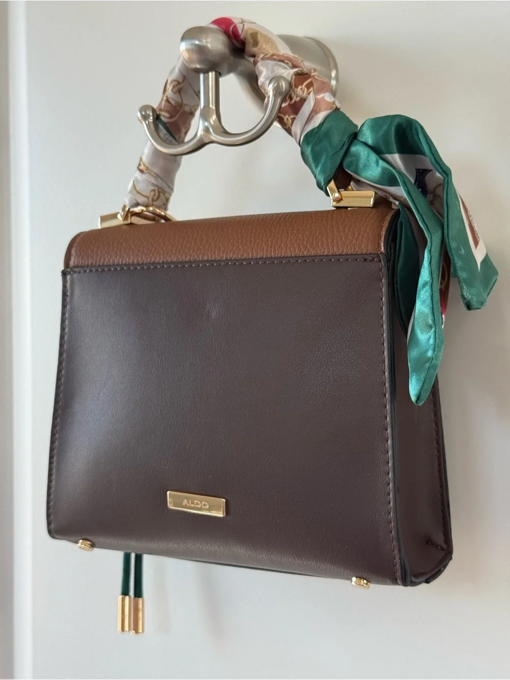 Aldo Two-Tone Brown Satchel with Gold Chain and Scarf Handle 🧸 NWT 🧸